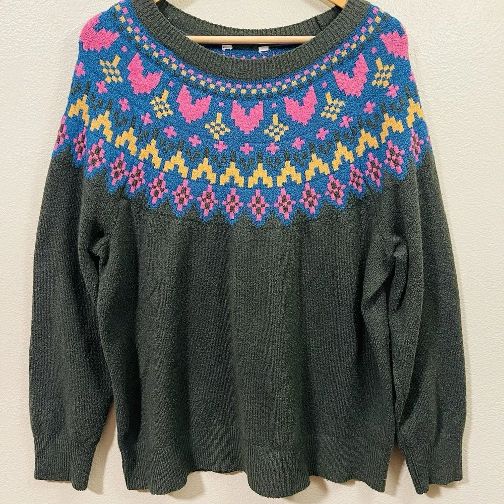Fair Isle Sweater Olive Green Pink Blue Warm Winter Cozy Cabin Forrest XXXL XXL
